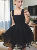 A-line Square Ruffles Short/Mini Stretch Crepe Dress