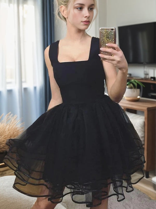 A-line Square Ruffles Short/Mini Stretch Crepe Dress