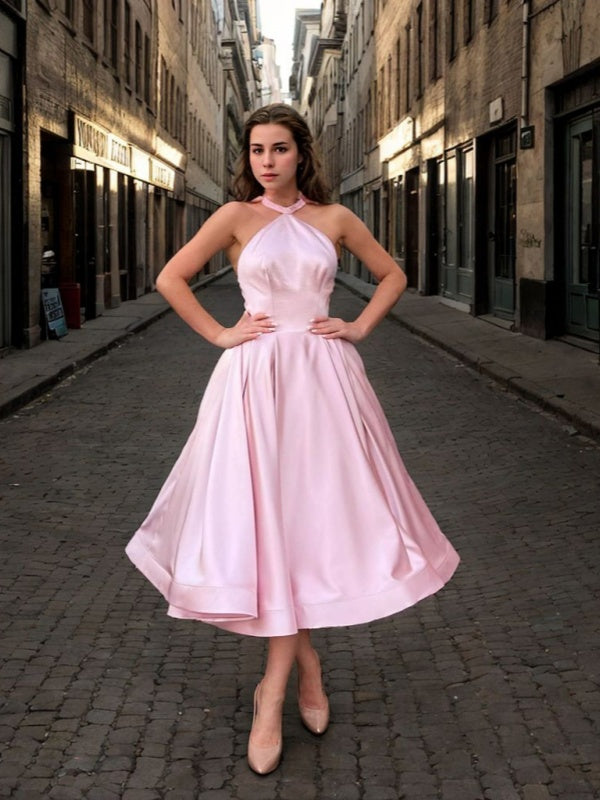 A-line Halter Bow Tea-Length Satin Dress