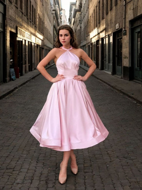 A-line Halter Bow Tea-Length Satin Dress
