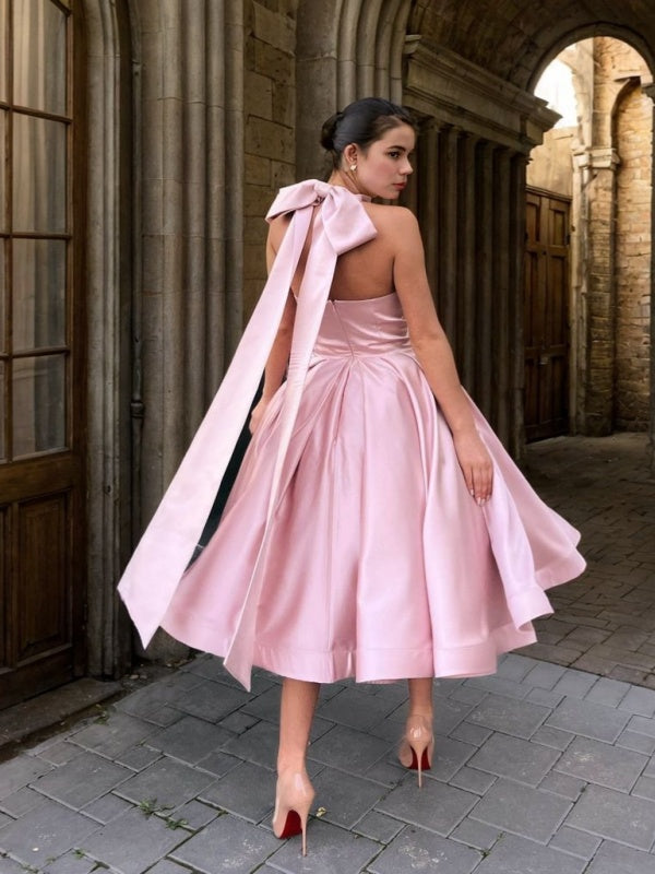 A-line Halter Bow Tea-Length Satin Dress