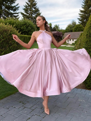 A-line Halter Bow Tea-Length Satin Dress