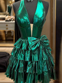 A-line Halter Bow Short/Mini Metallic Satin Dress