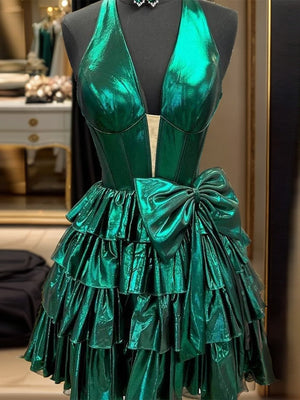 A-line Halter Bow Short/Mini Metallic Satin Dress