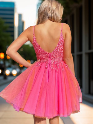 A-line V-neck Appliques Lace Short/Mini Tulle Dress