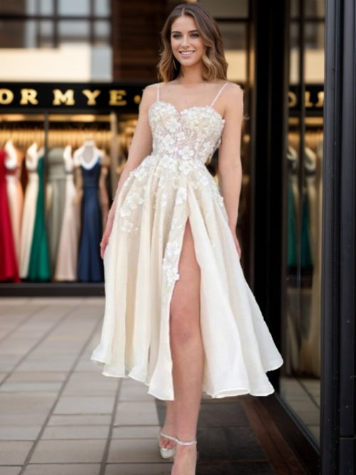 A-line Spaghetti Straps Appliques Lace Short/Mini Organza Dress