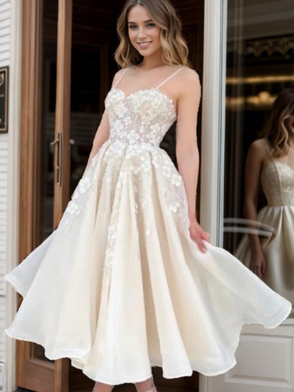 A-line Spaghetti Straps Appliques Lace Short/Mini Organza Dress
