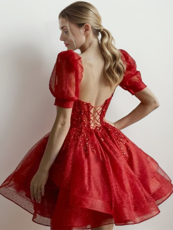 A-line Sweetheart Short Sleeves Sequin Short/Mini Dress