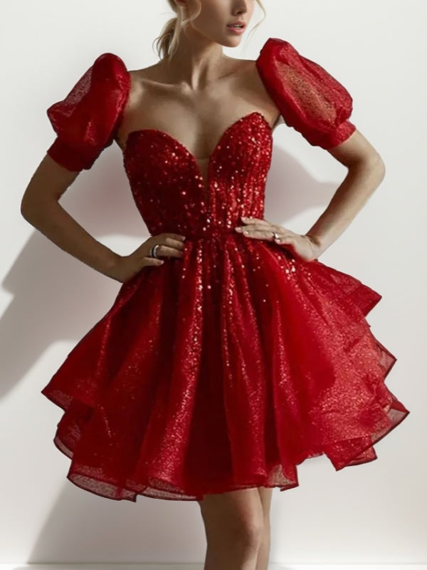A-line Sweetheart Short Sleeves Sequin Short/Mini Dress