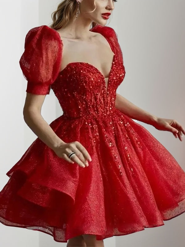A-line Sweetheart Short Sleeves Sequin Short/Mini Dress