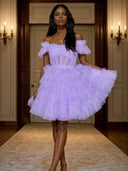A-line Off-the-Shoulder Short Sleeves Bow Short/Mini Tulle Corset Dress