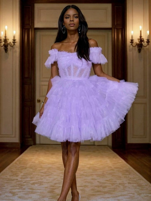 A-line Off-the-Shoulder Short Sleeves Bow Short/Mini Tulle Corset Dress