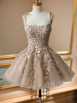 A-line Straps Appliques Lace Short/Mini Tulle Dress