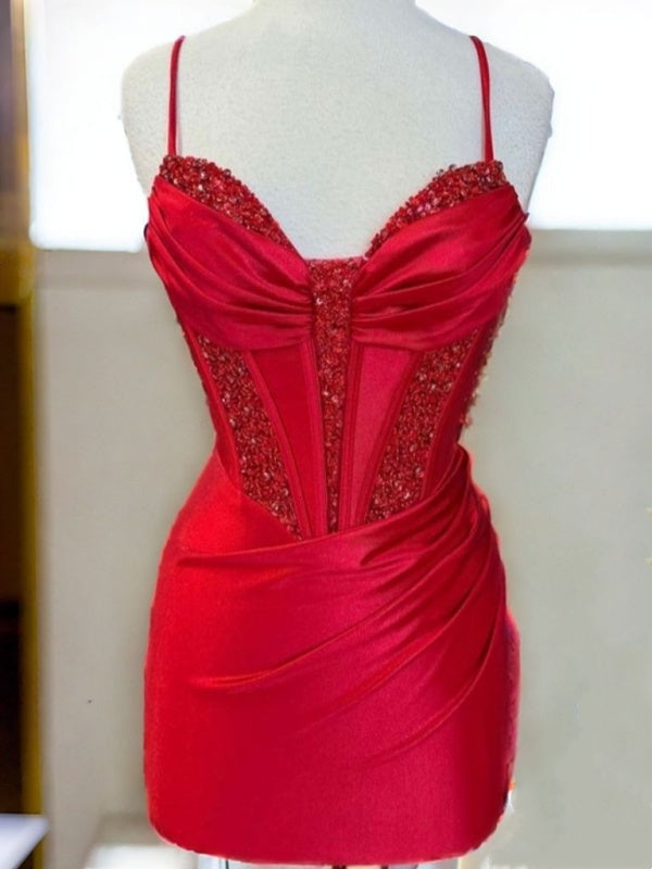 Sheath Spaghetti Straps Pleated Short/Mini Silk like Satin Corset Dress