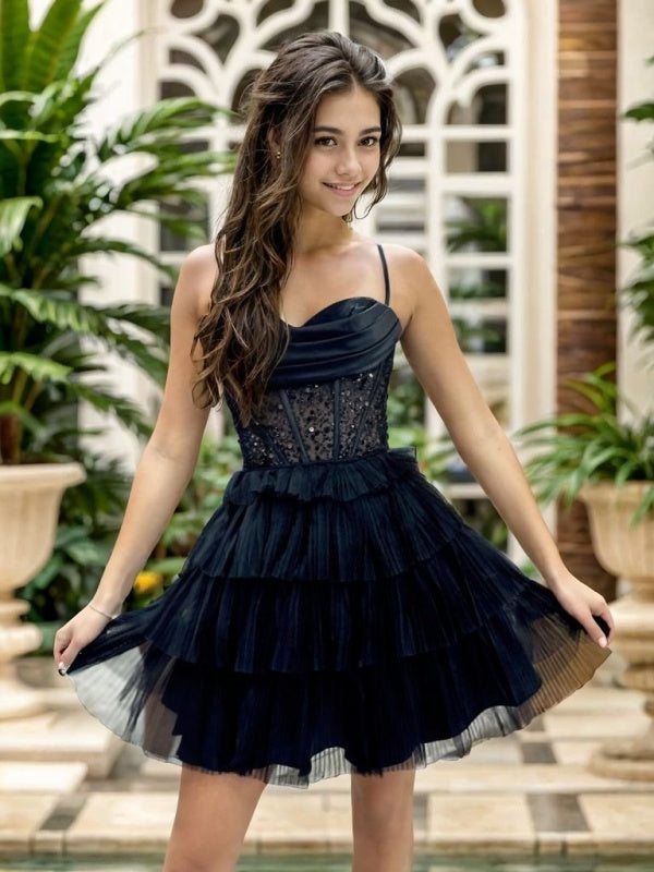 A-line Spaghetti Straps Cascading Ruffles Short/Mini Tulle Corset Dress