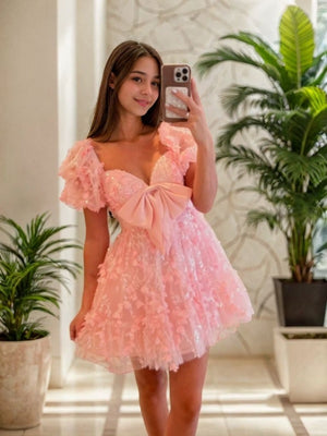 A-line Sweetheart Short Sleeves Bow Short/Mini Lace Dress