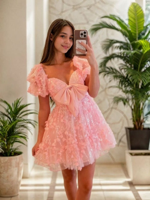 A-line Sweetheart Short Sleeves Bow Short/Mini Lace Dress