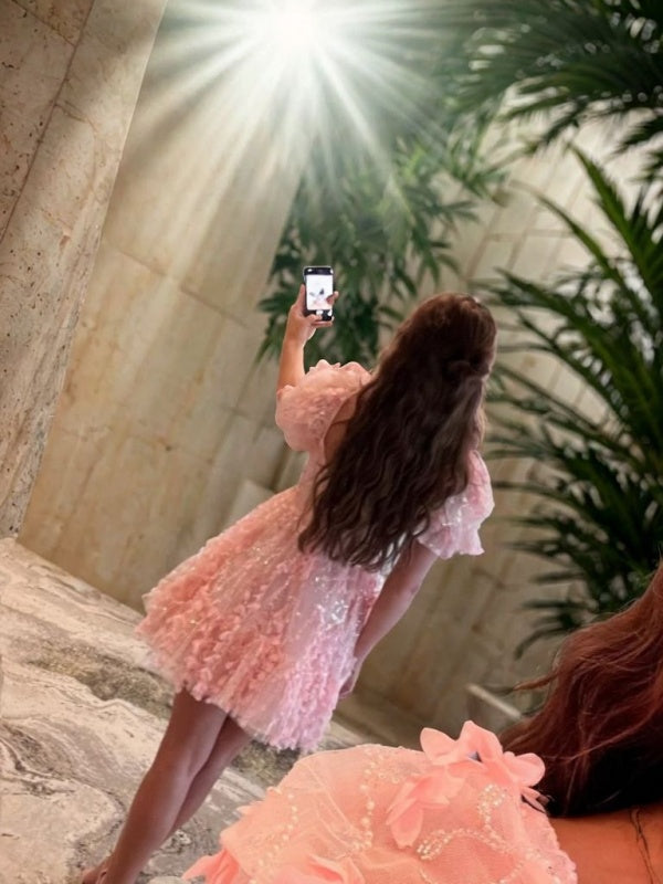 A-line Sweetheart Short Sleeves Bow Short/Mini Lace Dress