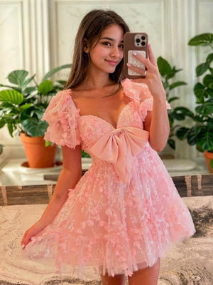 A-line Sweetheart Short Sleeves Bow Short/Mini Lace Dress