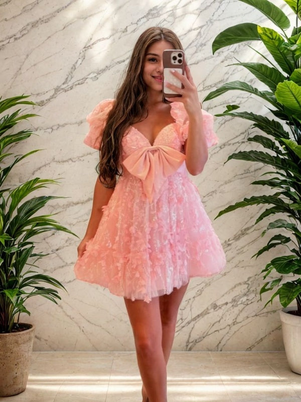 A-line Sweetheart Short Sleeves Bow Short/Mini Lace Dress