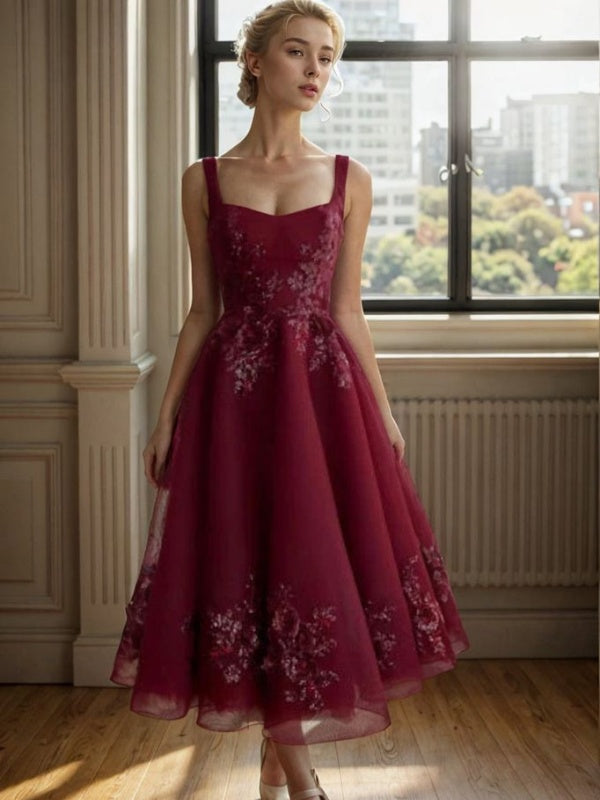 A-line Square Ruffles Tea-Length Tulle Dress