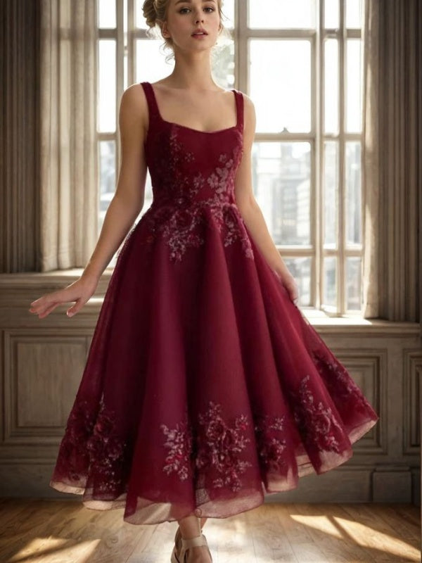 A-line Square Ruffles Tea-Length Tulle Dress