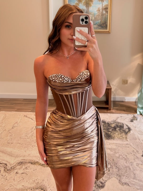 Sheath Sweetheart Pleated Short/Mini Metallic Satin Corset Dress