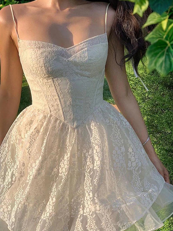 A-line Spaghetti Straps Ruffles Short/Mini Lace Corset Dress