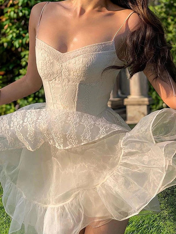 A-line Spaghetti Straps Ruffles Short/Mini Lace Corset Dress