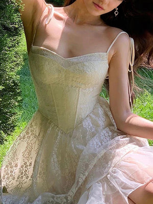 A-line Spaghetti Straps Ruffles Short/Mini Lace Corset Dress