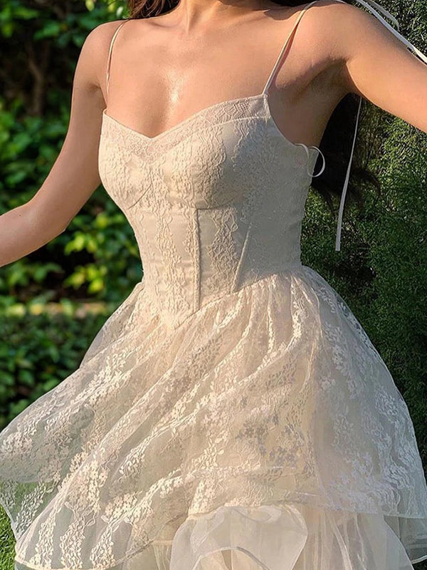 A-line Spaghetti Straps Ruffles Short/Mini Lace Corset Dress