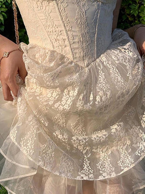 A-line Spaghetti Straps Ruffles Short/Mini Lace Corset Dress