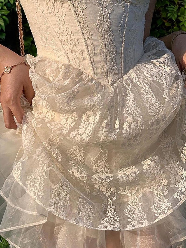 A-line Spaghetti Straps Ruffles Short/Mini Lace Corset Dress