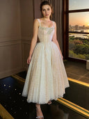 A-line Straps Beading Tea-Length Corset Dress