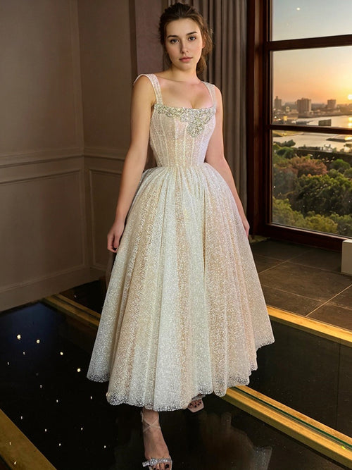 A-line Straps Beading Tea-Length Corset Dress