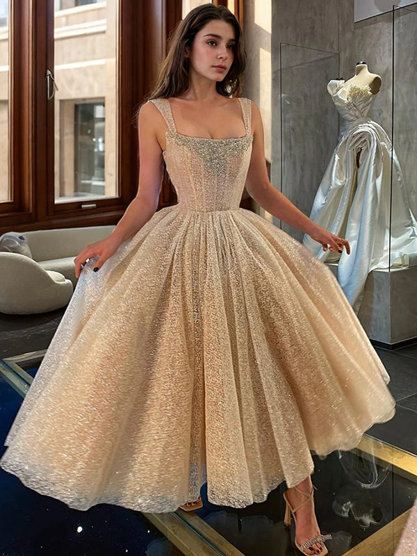 A-line Straps Beading Tea-Length Corset Dress