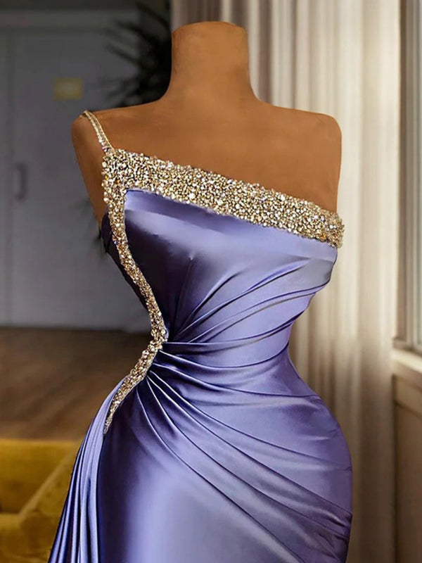 Sheath One-Shoulder Rhinestone Short/Mini Silk Like Satin Dress