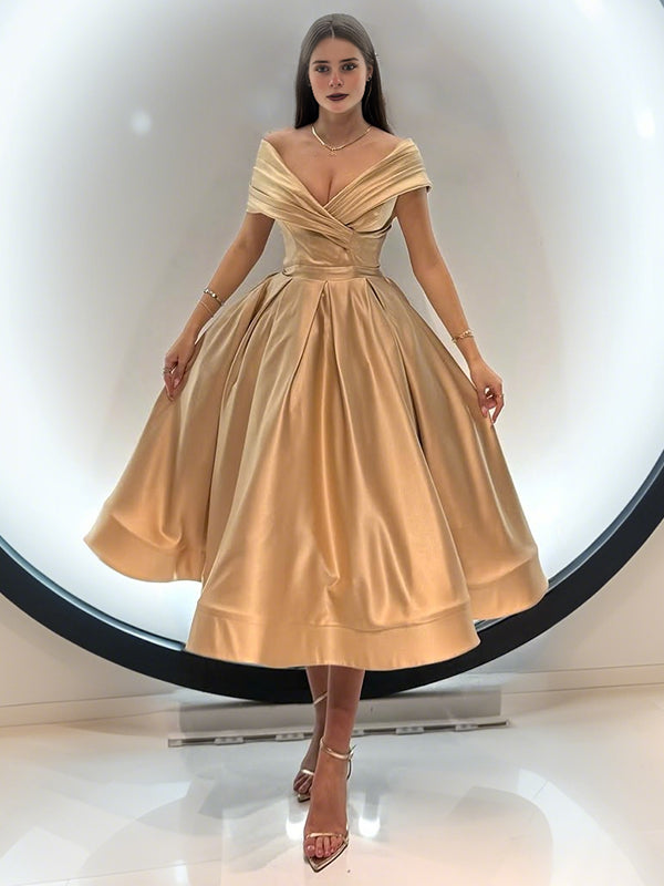 A-line V-neck Pleated Tea-Length  Satin Corset Dress