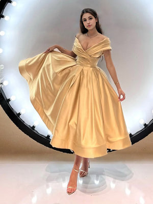 A-line V-neck Pleated Tea-Length  Satin Corset Dress