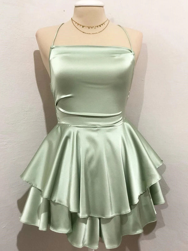 A-line Spaghetti Straps Cascading Ruffles Short/Mini Silk Like Satin Dress