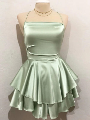 A-line Spaghetti Straps Cascading Ruffles Short/Mini Silk Like Satin Dress