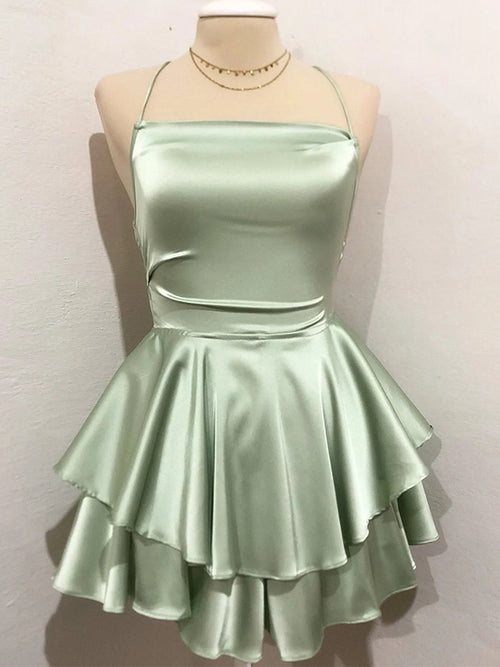 A-line Spaghetti Straps Cascading Ruffles Short/Mini Silk Like Satin Dress