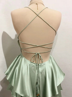 A-line Spaghetti Straps Cascading Ruffles Short/Mini Silk Like Satin Dress