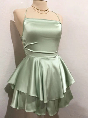 A-line Spaghetti Straps Cascading Ruffles Short/Mini Silk Like Satin Dress