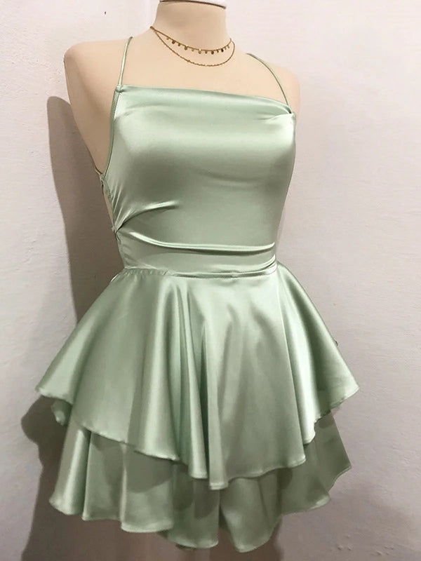 A-line Spaghetti Straps Cascading Ruffles Short/Mini Silk Like Satin Dress