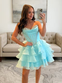 A-line Sweetheart Cascading Ruffles Short/Mini Organza Corset Dress