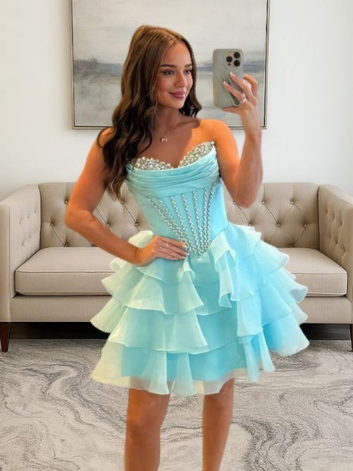 A-line Sweetheart Cascading Ruffles Short/Mini Organza Corset Dress