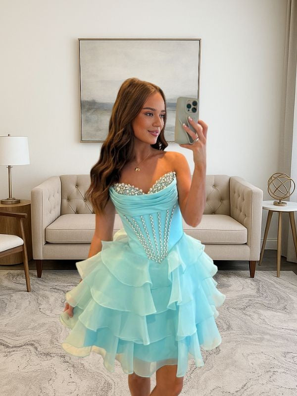 A-line Sweetheart Cascading Ruffles Short/Mini Organza Corset Dress