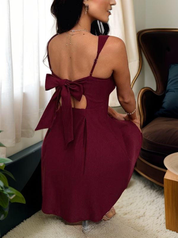 A-line Square Bow Short/Mini Stretch Crepe Dress