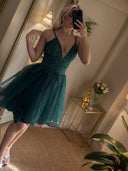 A-line V-neck Appliques Lace Short/Mini Tulle Corset Dress
